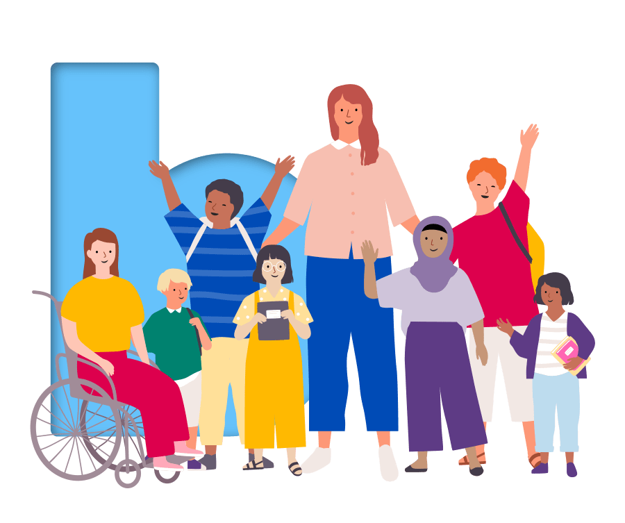 Illustration of group of people in front of 'b' logo