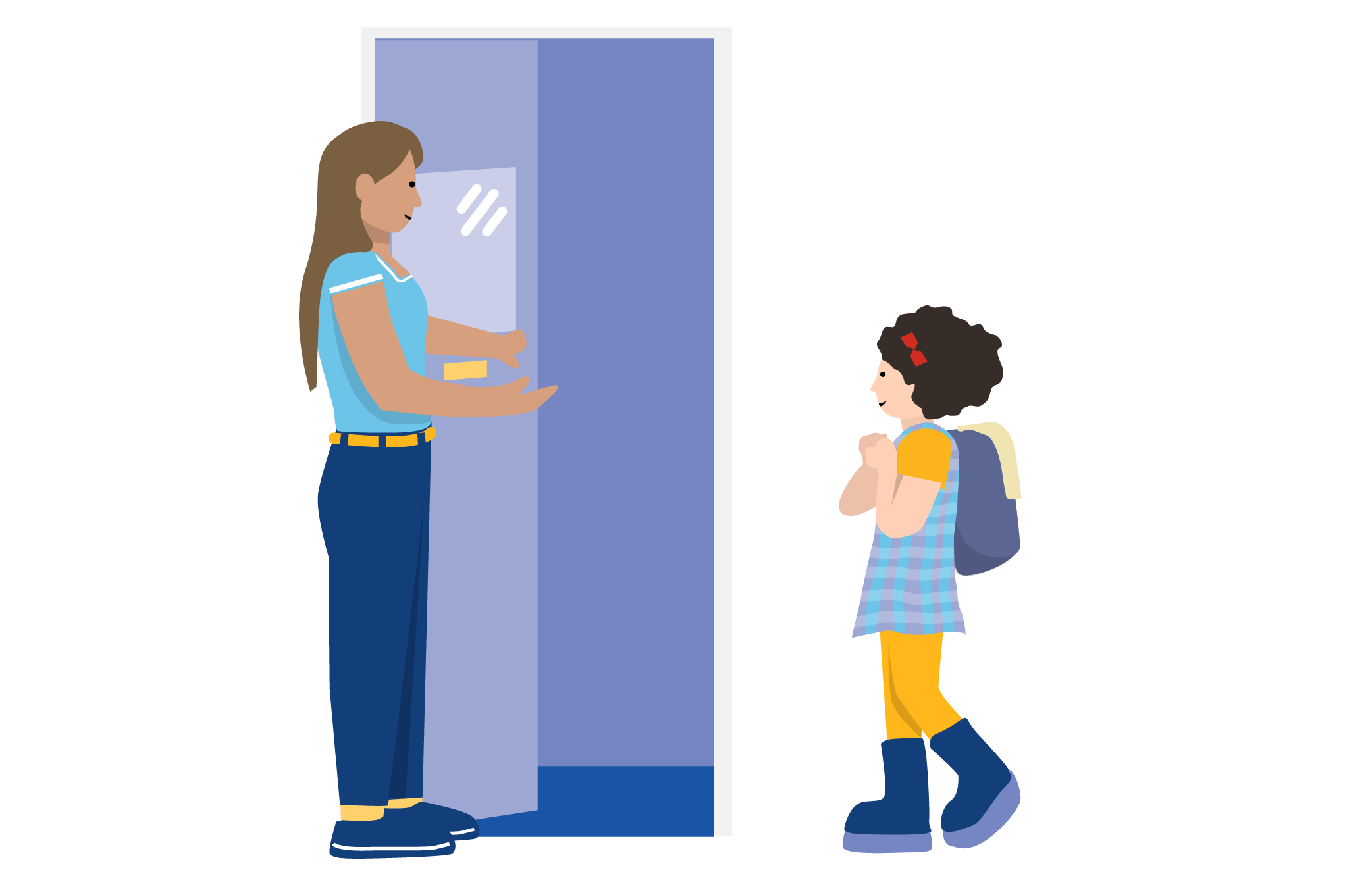 An educator holding the door open for a child to enter the room